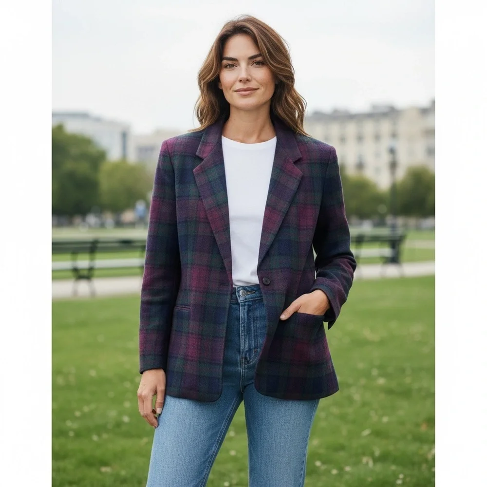 Vintage Dumas Wool Plaid Blazer Burgundy Green Tartan Jacket large Academia - Picture 1 of 11
